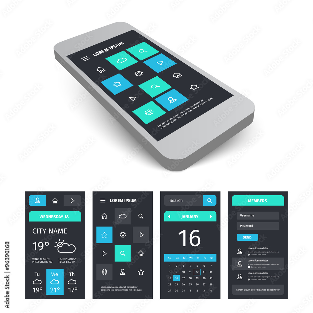 Vector mobile user interface app kit template with mockup. Vector mobile user interface app kit template with mockup.