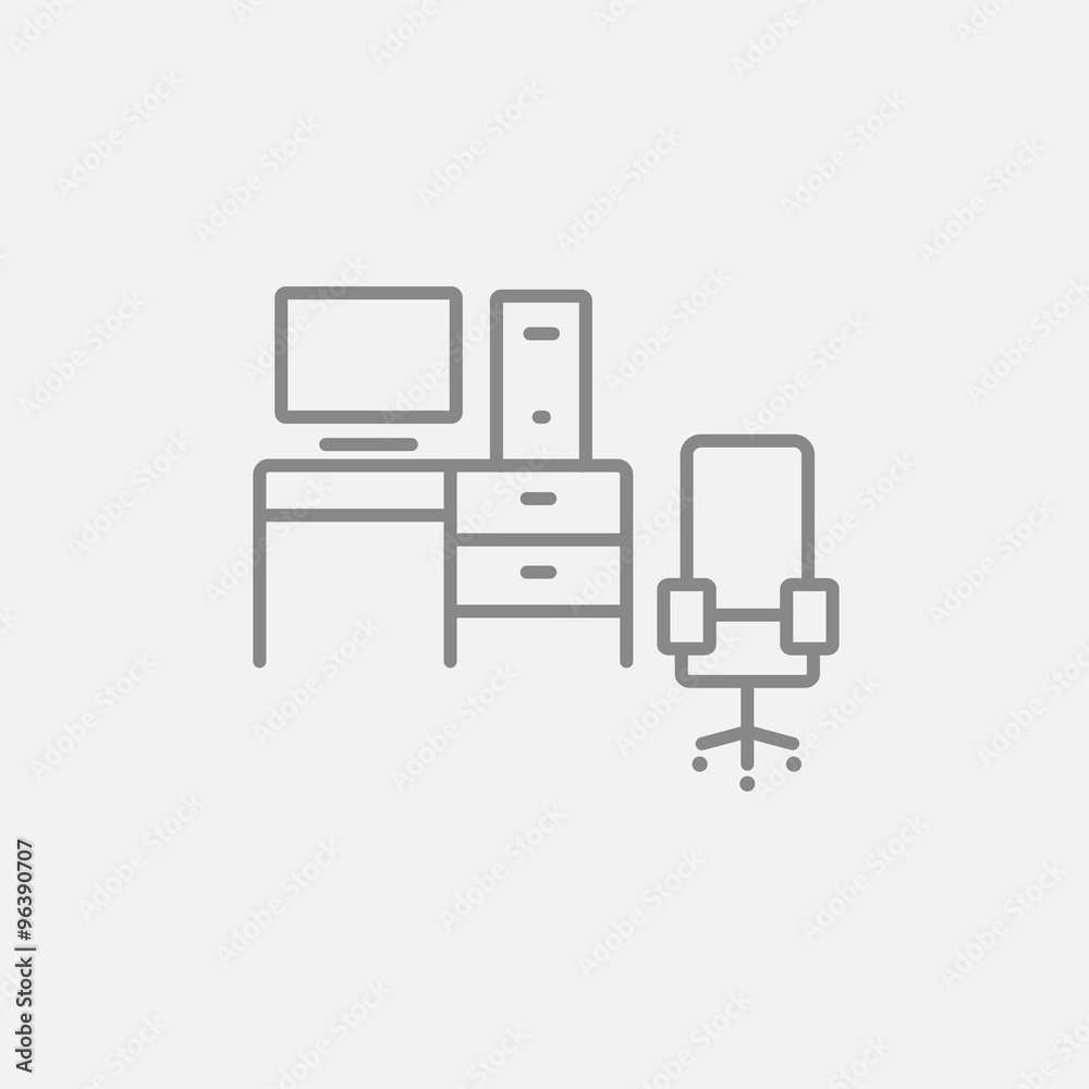 Computer set with table and chair line icon. Computer set with table and chair line icon.