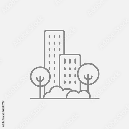 Residential building with trees line icon.