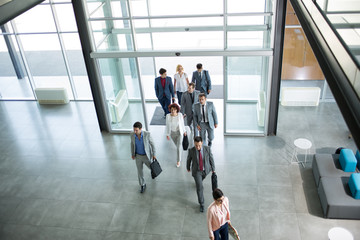  Group of professional business people walking in building.