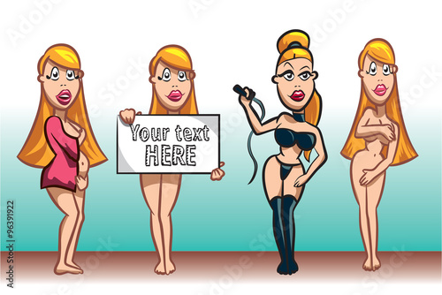 Female characters set, beautiful and sexy blonde, pregnant, naked, with placard, bdsm, roleplaying - vector