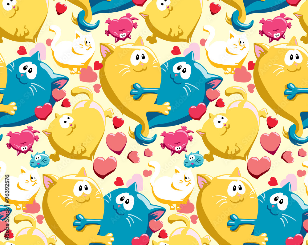 Obraz premium Seamless vector pattern with cats and hearts, st. Valentine's day, yellow and cyan