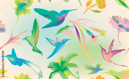 Colibri and flowers vector seamless, humming bird texture background, bright and colorful