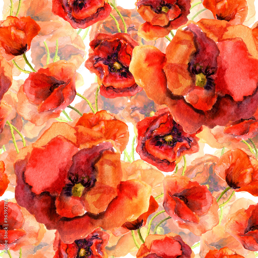Seamless floral wallpaper with colorful poppies. Watercolor painting