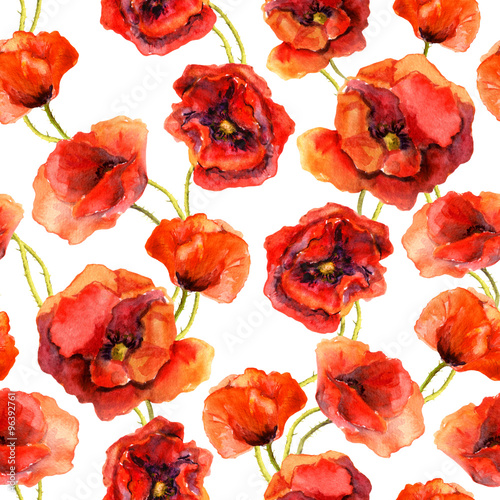 Seamless floral wallpaper with colorful poppies. Watercolor painting