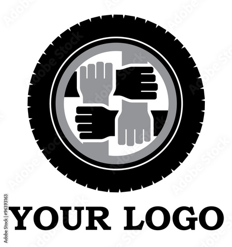 Wheel and hands vector logo, mutual help, brotherhood
