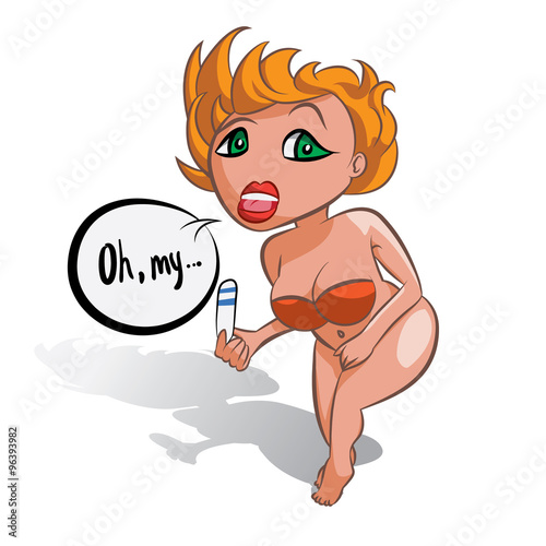 Vector girl surprised with pregnancy test, cartoon illustration, blonde