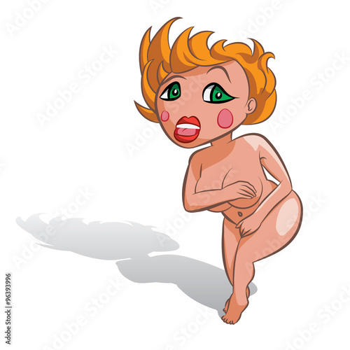 Naked sexy white woman vector confused and embarrassed, covering her groin and breast with a hand.