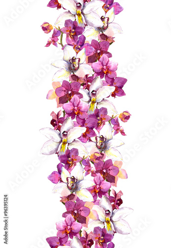 Chic floral seamless frame pattern with tropical flowers orchid. Watercolor 