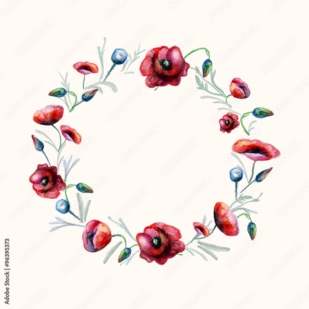 Watercolor red poppies wreath