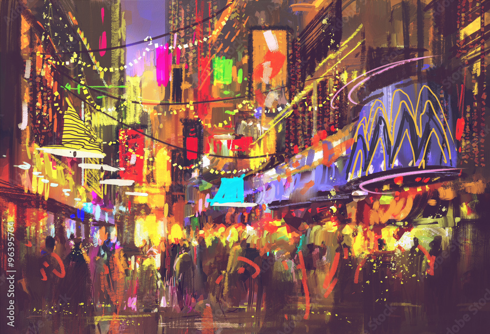 Fototapeta premium people in city street with illumination and nightlife,digital painting