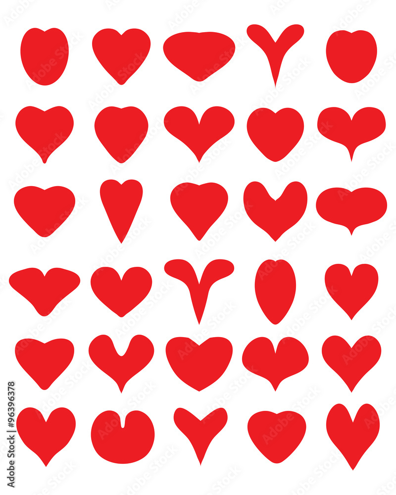Red silhouettes of heart on the white background