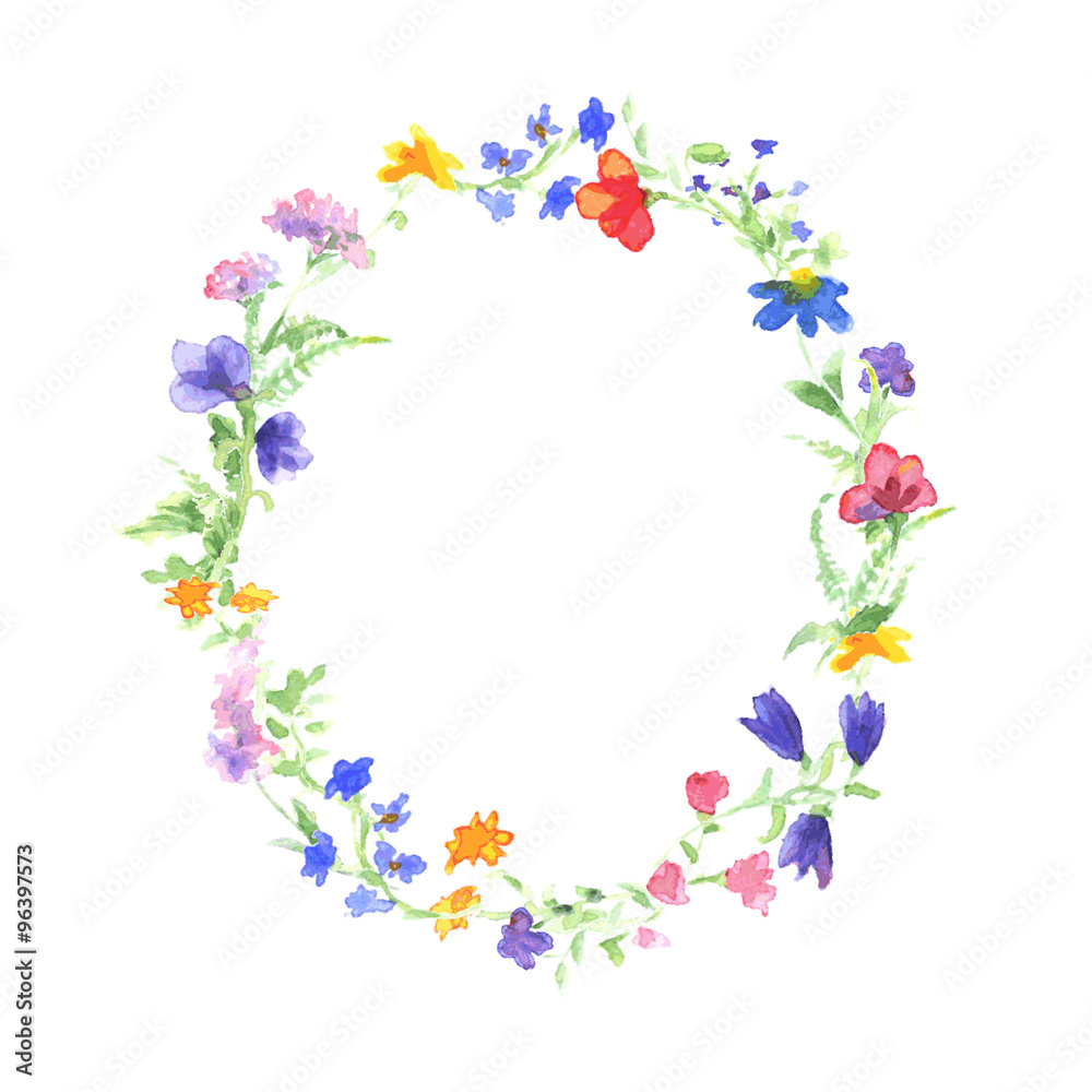 Vector watercolor wreath with colorful summer flowers. Frame with motivation quote. Watercolor background with empty circle frame. Watercolor hand drawn wildflowers.