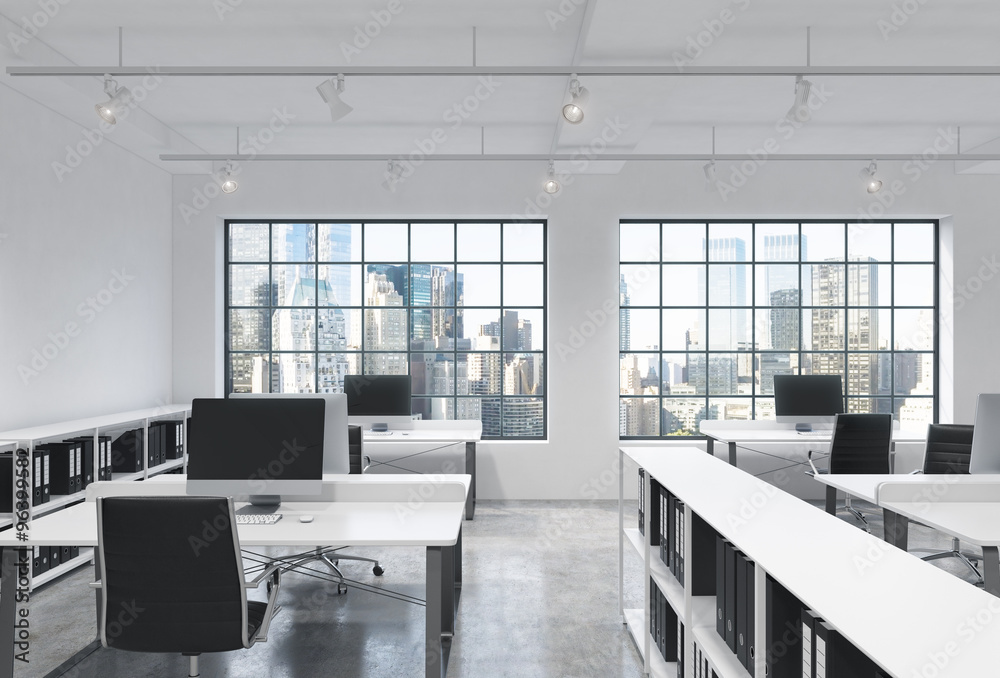 Workplaces in a bright modern loft open space office. Tables are equipped with modern computers; corporate documents' shelves. New York panoramic view. 3D rendering. Workplaces in a bright modern loft open space office. Tables are equipped with modern computers; corporate documents' shelves. New York panoramic view. 3D rendering.