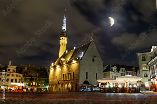 View of the town hall and town hall square in old Tallinn in the