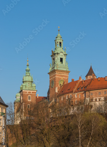 Sigismund, Clock and Silver Bells towers of the St Stanislaw and St Vaclav cathedral on the Wawel Hill with the fortifications of the Wawel castle