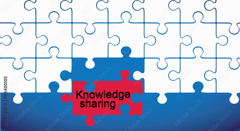 Fototapeta premium Knowledge sharing education concept; A group of interconnecting white and red puzzle pieces on blue background. 