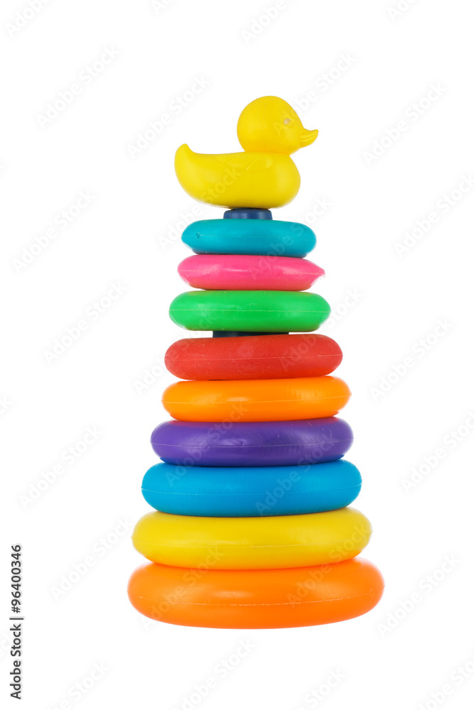 Multi-coloured plastic stacking rings toy isolated on white back