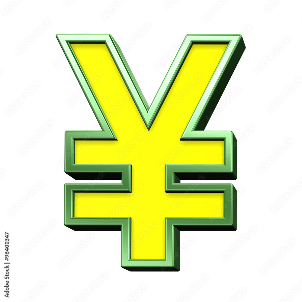 Yen sign from yellow with green frame alphabet set, isolated on white. Computer generated 3D photo rendering. Yen sign from yellow with green frame alphabet set, isolated on white. Computer generated 3D photo rendering.