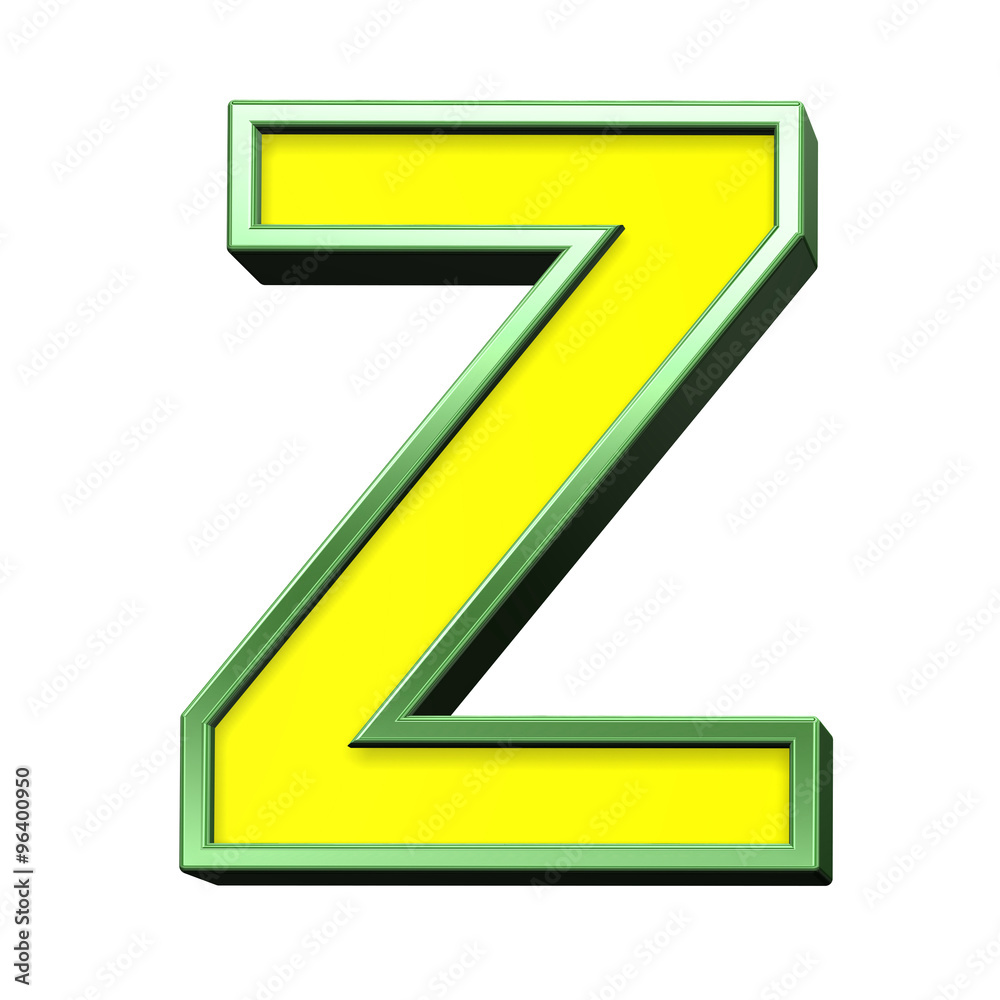 One letter from yellow with green frame alphabet set, isolated on white. Computer generated 3D photo rendering. One letter from yellow with green frame alphabet set, isolated on white. Computer generated 3D photo rendering.