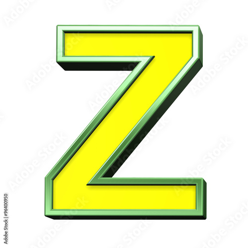 One letter from yellow with green frame alphabet set, isolated on white. Computer generated 3D photo rendering.