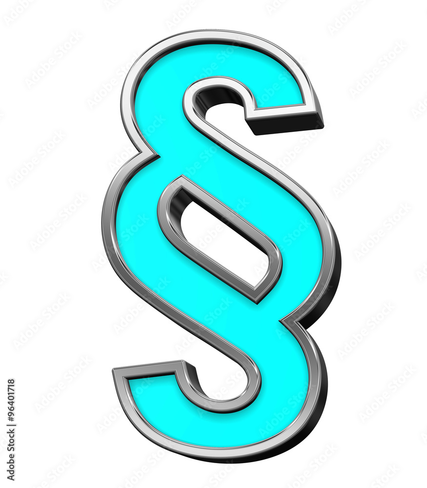 Paragraph sign from turquoise with chrome frame alphabet set, isolated on white. Computer generated 3D photo rendering.