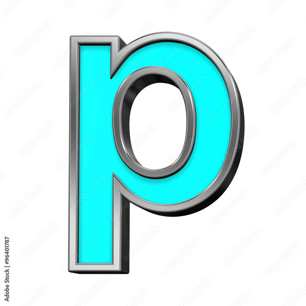 One lower case letter from turquoise with chrome frame alphabet set, isolated on white. Computer generated 3D photo rendering. One lower case letter from turquoise with chrome frame alphabet set, isolated on white. Computer generated 3D photo rendering.
