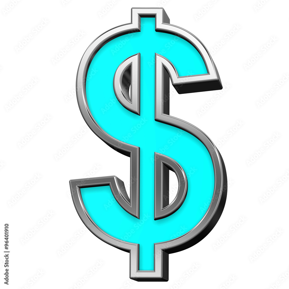 Dollar sign from turquoise with chrome frame alphabet set, isolated on white. Computer generated 3D photo rendering. Dollar sign from turquoise with chrome frame alphabet set, isolated on white. Computer generated 3D photo rendering.