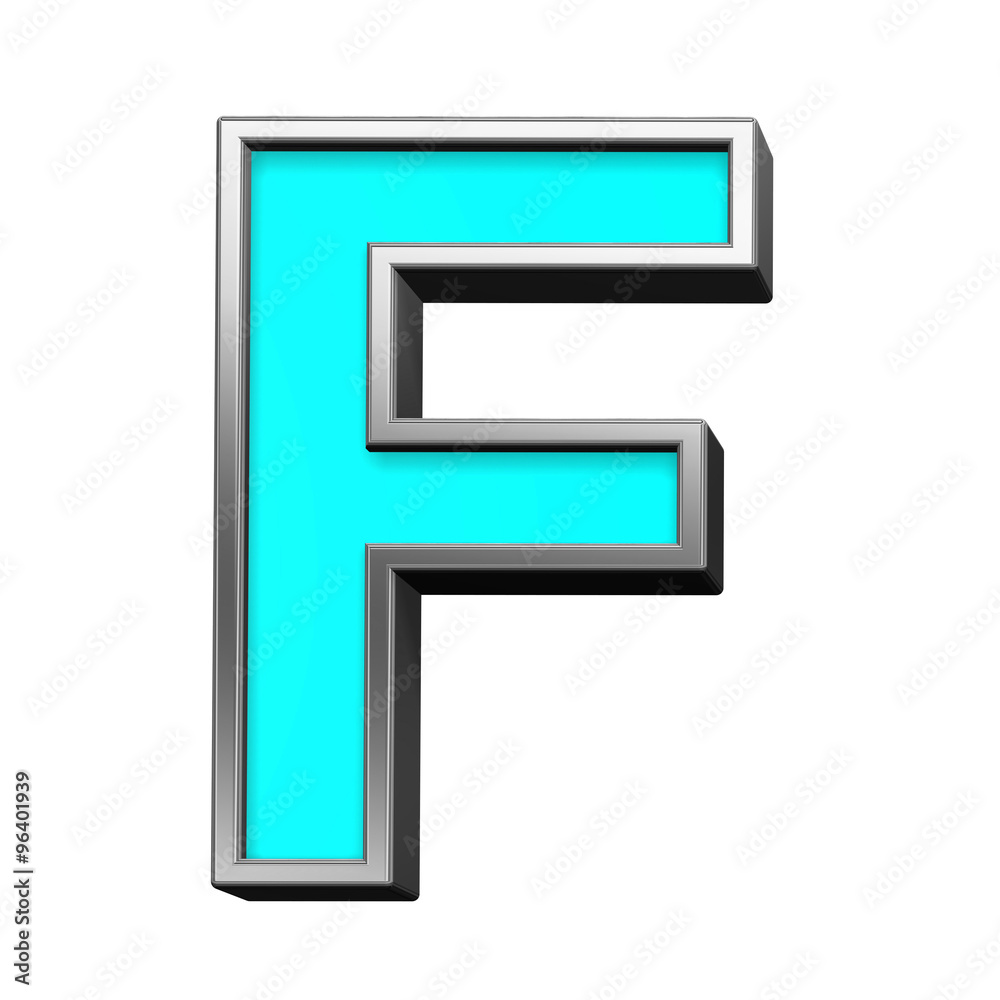 One letter from turquoise with chrome frame alphabet set, isolated on white. Computer generated 3D photo rendering. One letter from turquoise with chrome frame alphabet set, isolated on white. Computer generated 3D photo rendering.