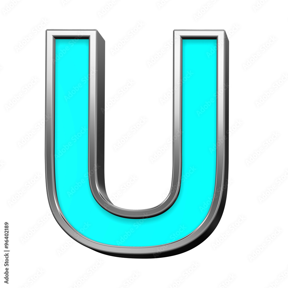 One letter from turquoise with chrome frame alphabet set, isolated on white. Computer generated 3D photo rendering.