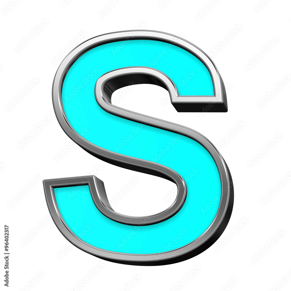One letter from turquoise with chrome frame alphabet set, isolated on white. Computer generated 3D photo rendering. One letter from turquoise with chrome frame alphabet set, isolated on white. Computer generated 3D photo rendering.