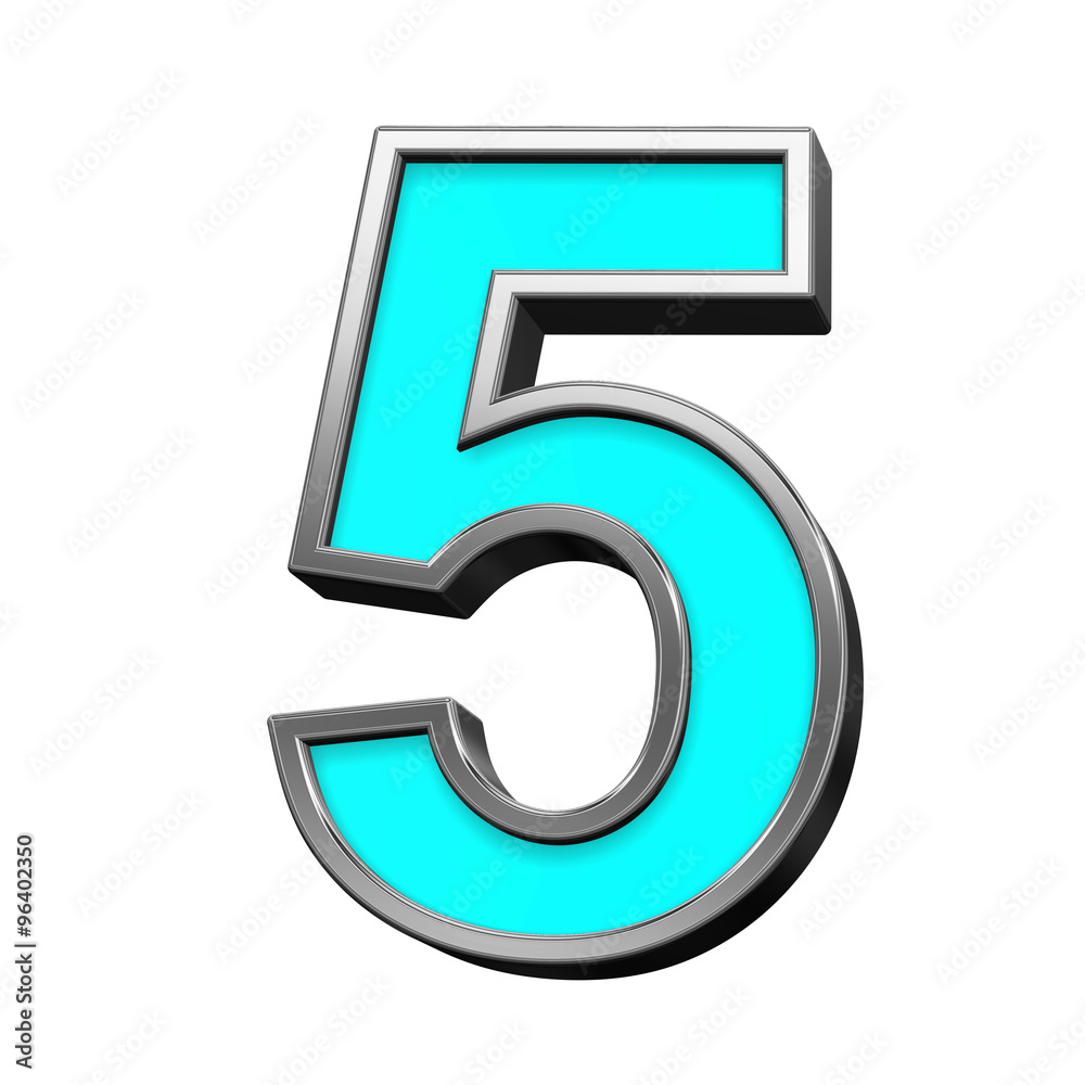One digit from turquoise with chrome frame alphabet set, isolated on white. Computer generated 3D photo rendering. One digit from turquoise with chrome frame alphabet set, isolated on white. Computer generated 3D photo rendering.