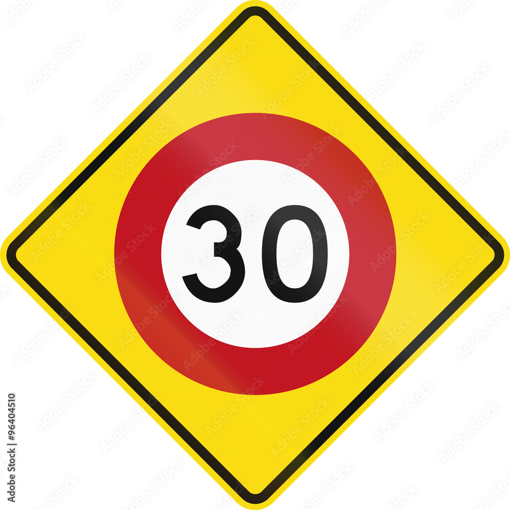 New Zealand road warning sign - Speed limit ahead New Zealand road warning sign - Speed limit ahead