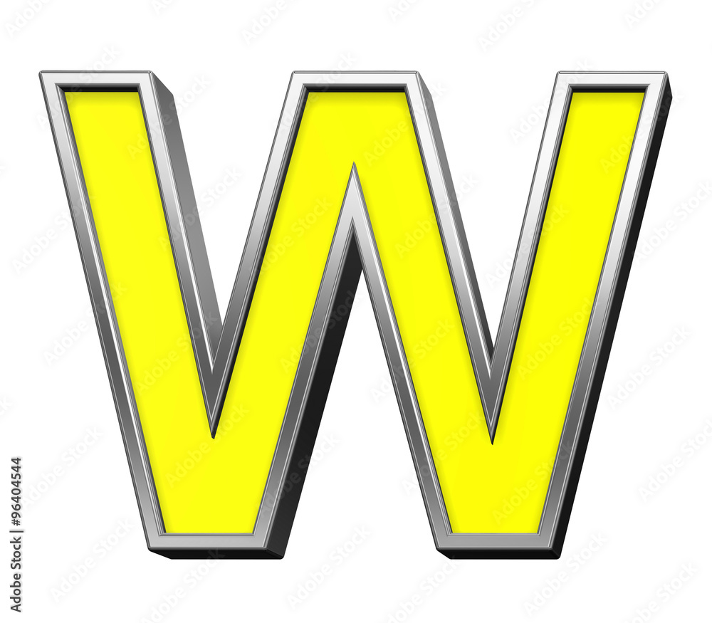 One letter from yellow with chrome frame alphabet set, isolated on white. Computer generated 3D photo rendering. One letter from yellow with chrome frame alphabet set, isolated on white. Computer generated 3D photo rendering.