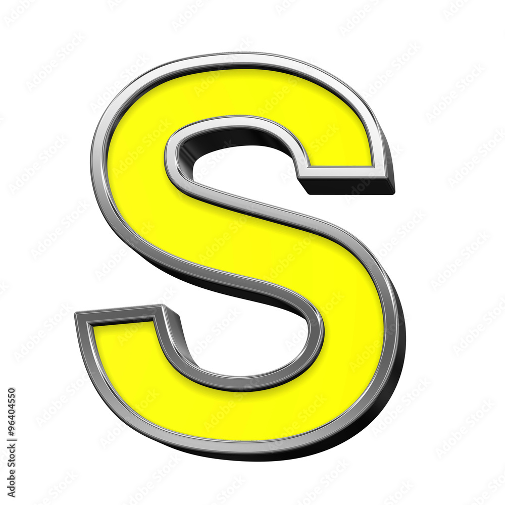 One letter from yellow with chrome frame alphabet set, isolated on white. Computer generated 3D photo rendering. One letter from yellow with chrome frame alphabet set, isolated on white. Computer generated 3D photo rendering.