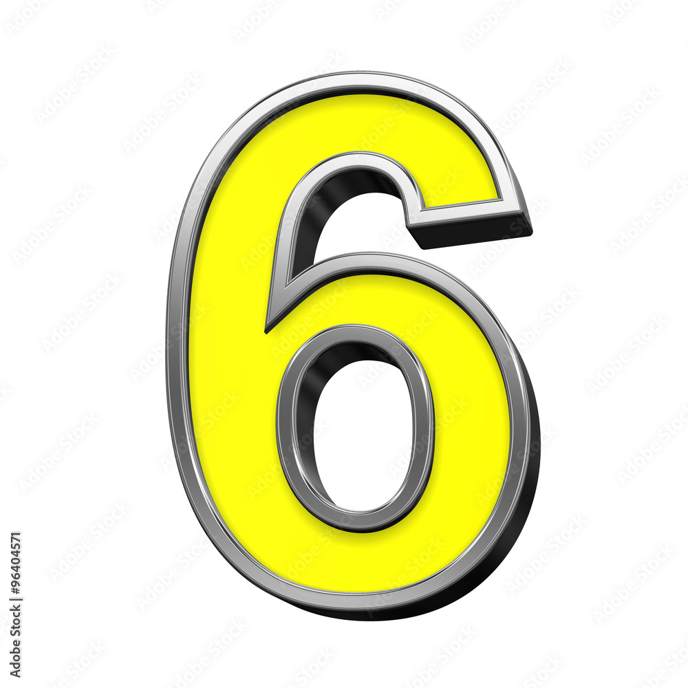 One digit from yellow with chrome frame alphabet set, isolated on white. Computer generated 3D photo rendering. One digit from yellow with chrome frame alphabet set, isolated on white. Computer generated 3D photo rendering.