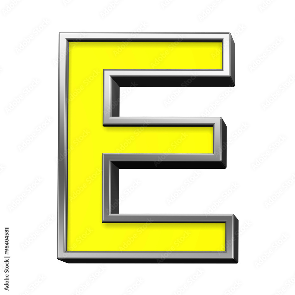 One letter from yellow with chrome frame alphabet set, isolated on white. Computer generated 3D photo rendering. One letter from yellow with chrome frame alphabet set, isolated on white. Computer generated 3D photo rendering.