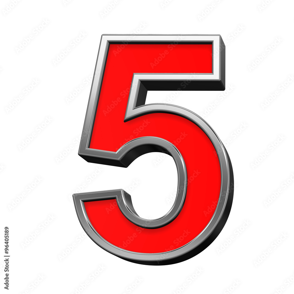 One digit from red with chrome frame alphabet set, isolated on white. Computer generated 3D photo rendering. One digit from red with chrome frame alphabet set, isolated on white. Computer generated 3D photo rendering.