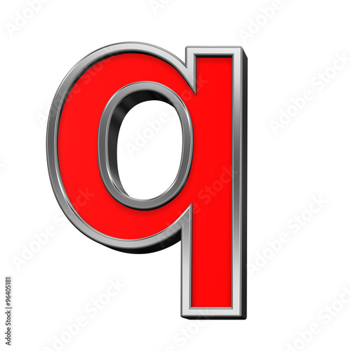 One lower case letter from red with chrome frame alphabet set, isolated on white. Computer generated 3D photo rendering.