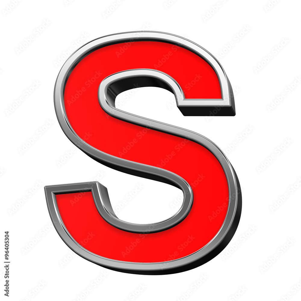 One letter from red with chrome frame alphabet set, isolated on white. Computer generated 3D photo rendering. One letter from red with chrome frame alphabet set, isolated on white. Computer generated 3D photo rendering.
