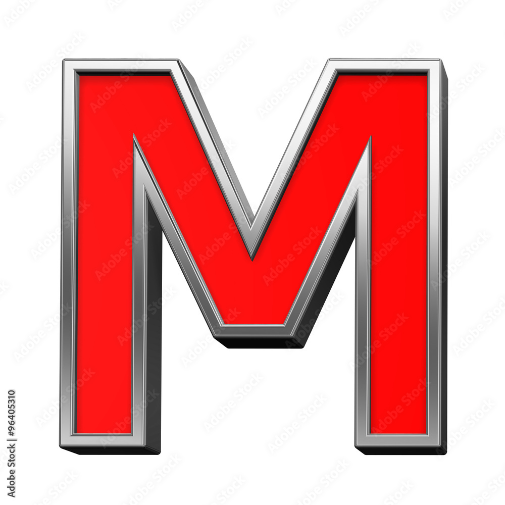One letter from red with chrome frame alphabet set, isolated on white. Computer generated 3D photo rendering. One letter from red with chrome frame alphabet set, isolated on white. Computer generated 3D photo rendering.