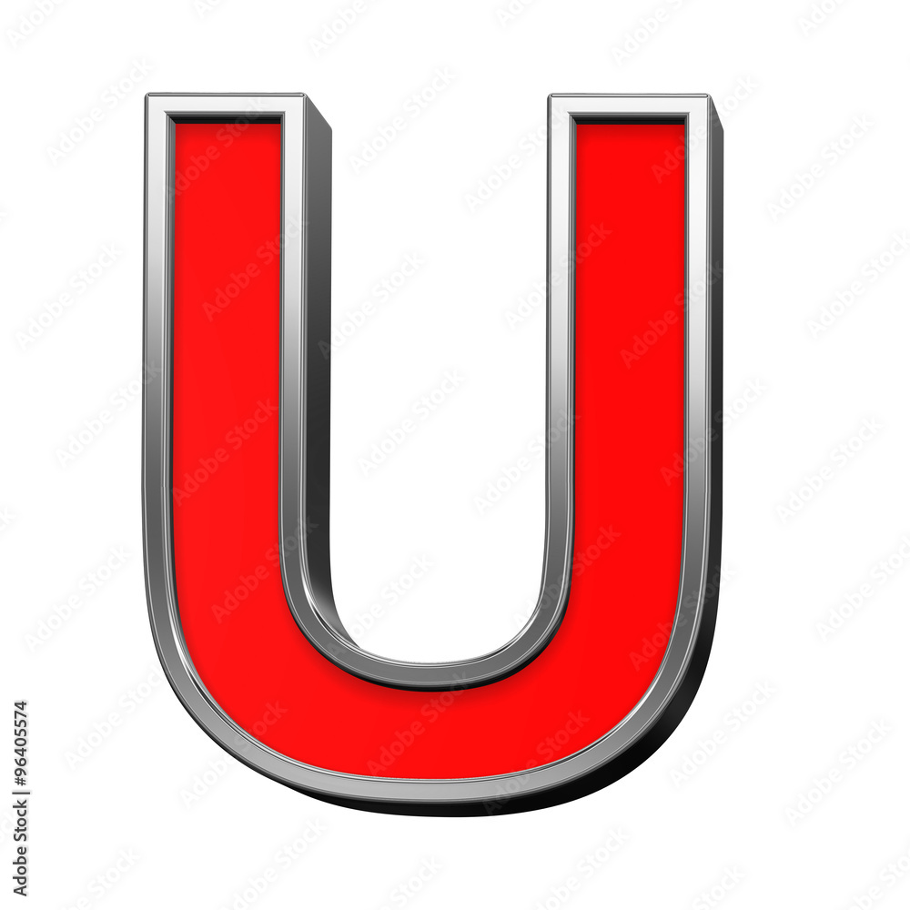 One letter from red with chrome frame alphabet set, isolated on white. Computer generated 3D photo rendering.