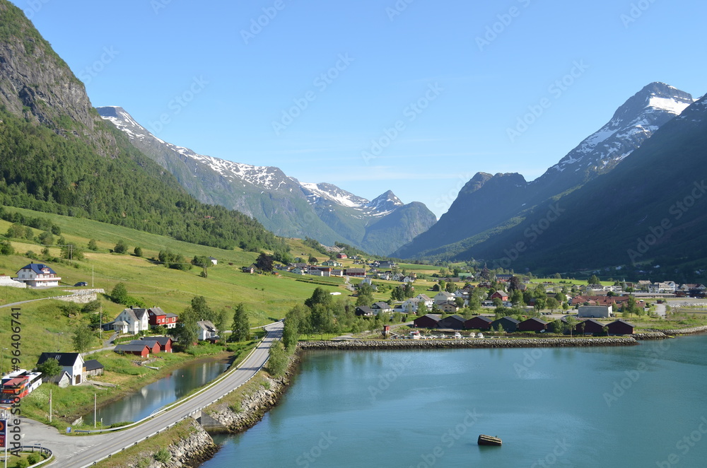Valley and snow capped mountain view, Olden Norway