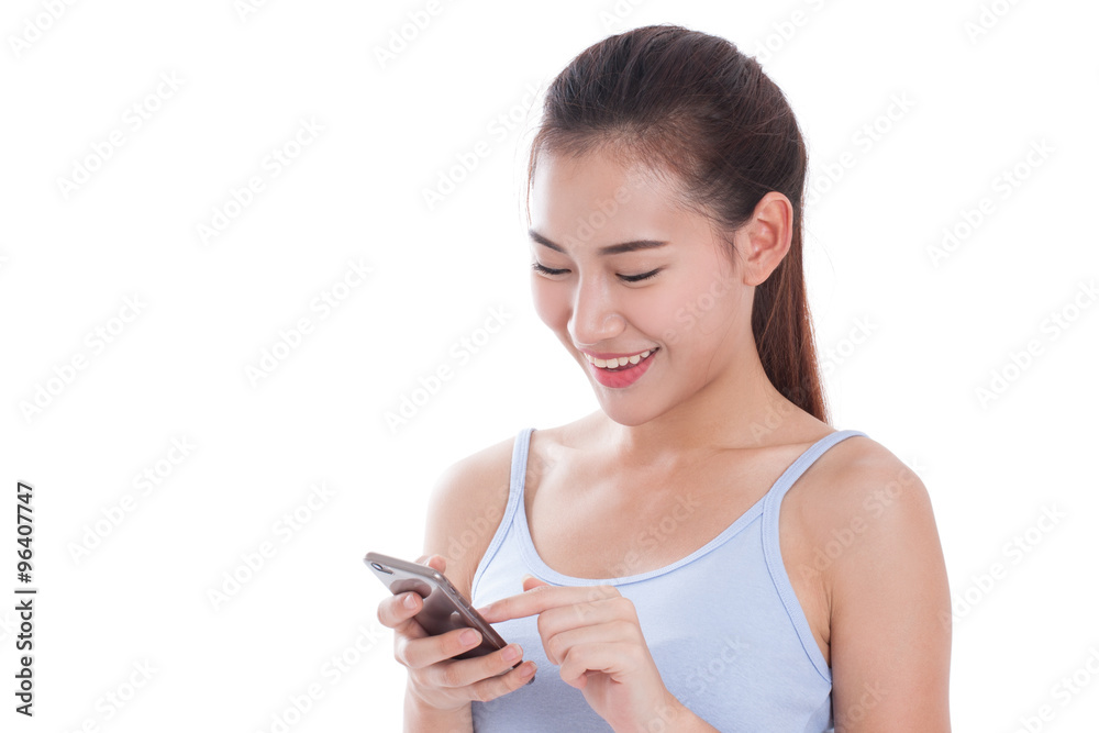 Happy woman using smartphone on white background Happy woman using smartphone on white background