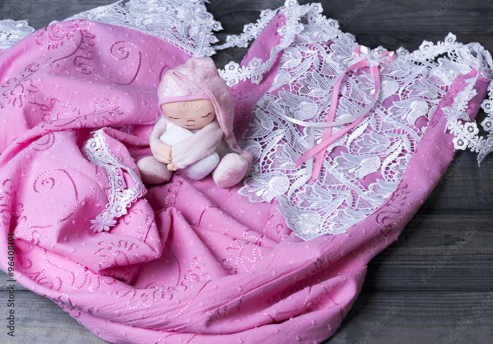 custom made wallpaper toronto digitalOn a wooden table delicate pink nightgown with lace and soft toy