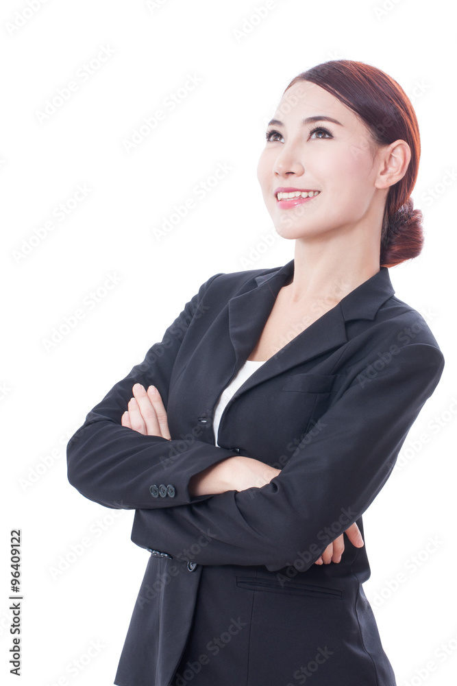 Portrait of young business woman pointing up on white background Portrait of young business woman pointing up on white background