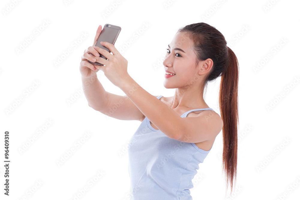 Happy woman using smartphone on white background Happy woman using smartphone on white background