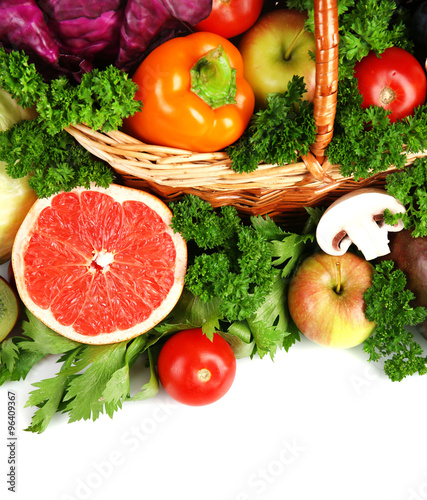 Juicy fruit and tasty vegetables isolated on white