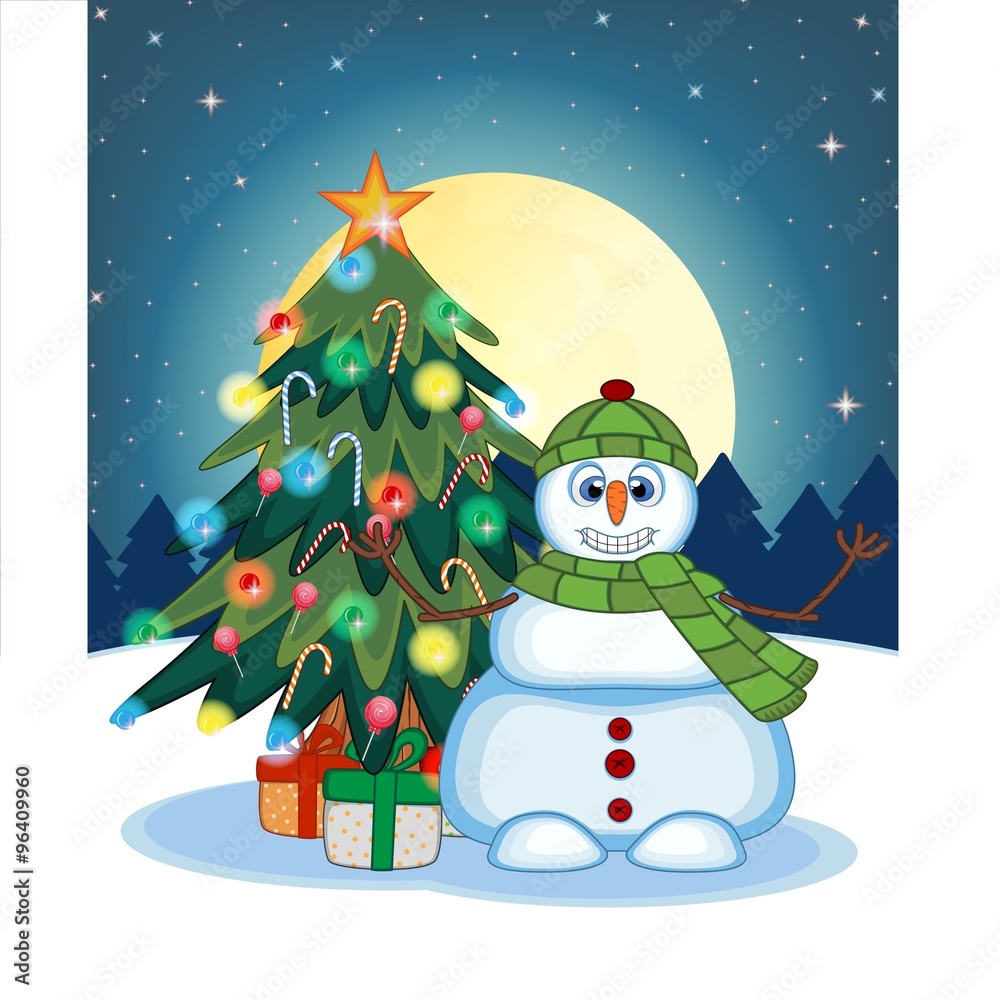 Snowman Wearing A Green Hat And Green Scarf Waving His Hand With Christmas Tree And Full Moon At Night Background For Your Design Vector Illustration