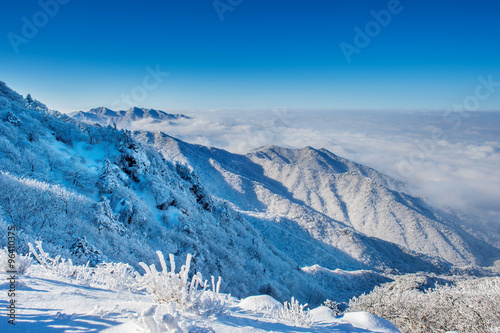 Seoraksan mountains is covered by morning fog in winter, Korea.